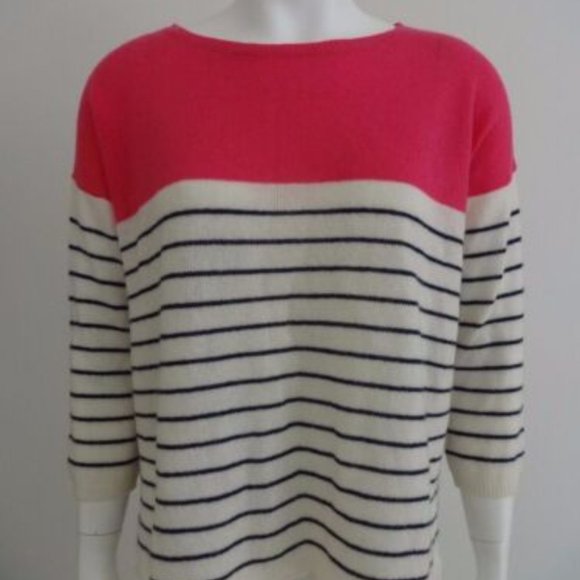 360 CASHMERE PINK WHITE STRIPE 3/4 SLEEVE BOAT NECK SWEATER L NWT - Picture 4 of 5
